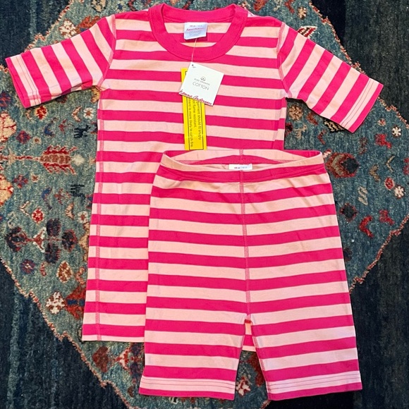NWT Hanna Andersson Size 12 150 cm Organic Cotton Pink Striped Short John Set Pajamas